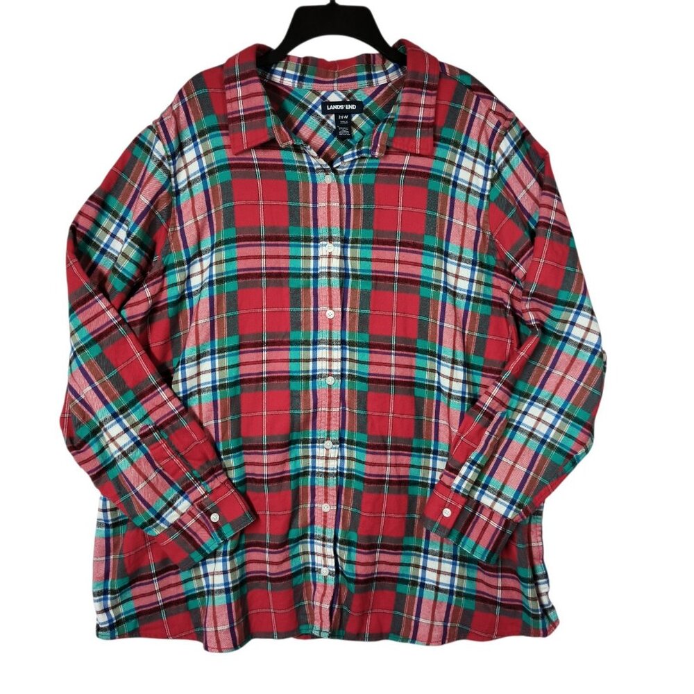 Lands End Women Plus 26W Red Green Plaid Flannel Button Up Long Sleeve